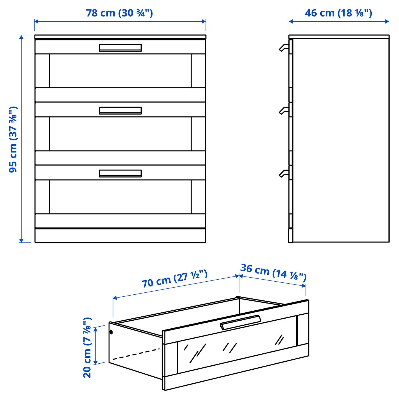 makeup pustes op Banyan BRIMNES Kommode 3 skuffer, hvid, frostet glas, 78x95 cm - IKEA