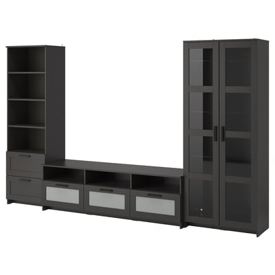 Moderne mørkegråt tv-bord med glaslåger, skuffer og justerbare hylder.