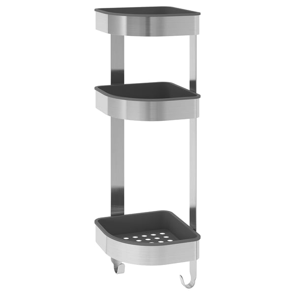 Ikea BROGRUND sølv metal 3-lags hjørnearrangør med aftagelige sorte plasthylder.