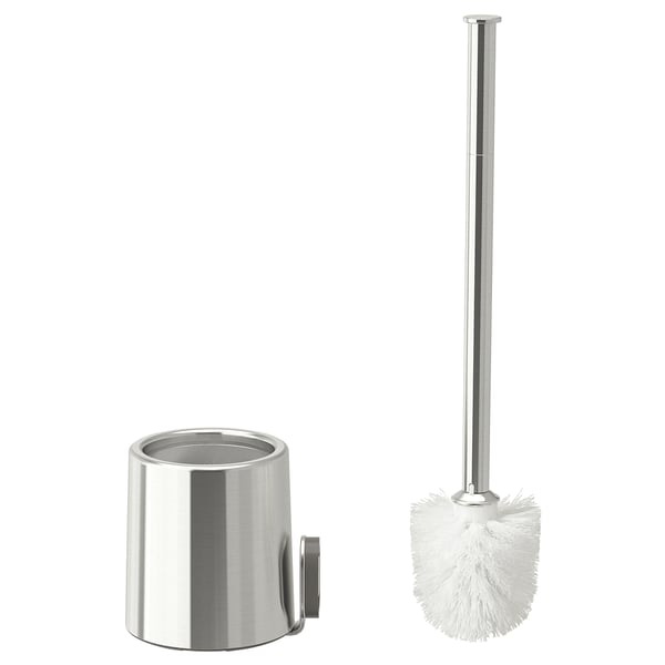 Moderne badeværelsesbørste og holdersæt i rustfrit stål. Slank, cylindrisk holder med vægbeslag og høj børste med hvidt børstehoved.