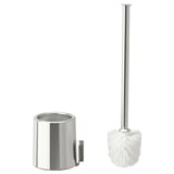 Moderne badeværelsesbørste og holdersæt i rustfrit stål. Slank, cylindrisk holder med vægbeslag og høj børste med hvidt børstehoved.