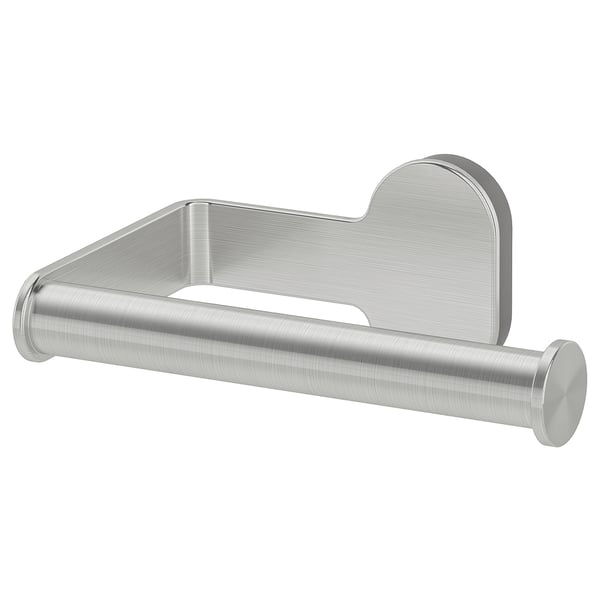 En BROGRUND sølv toiletpapirholder i rustfrit stål med et slankt, moderne design og skjulte skruer.