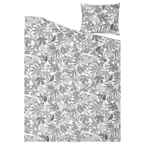 BROKDRACENA dynesæt: grå, blomsterprint, genanvendt polyester/viskose, rektangulær med kuvertlukning.