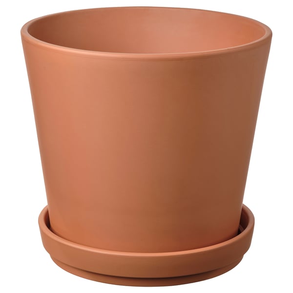 BRUNBÄR terracotta plantekasse, orange, rund med underkop.