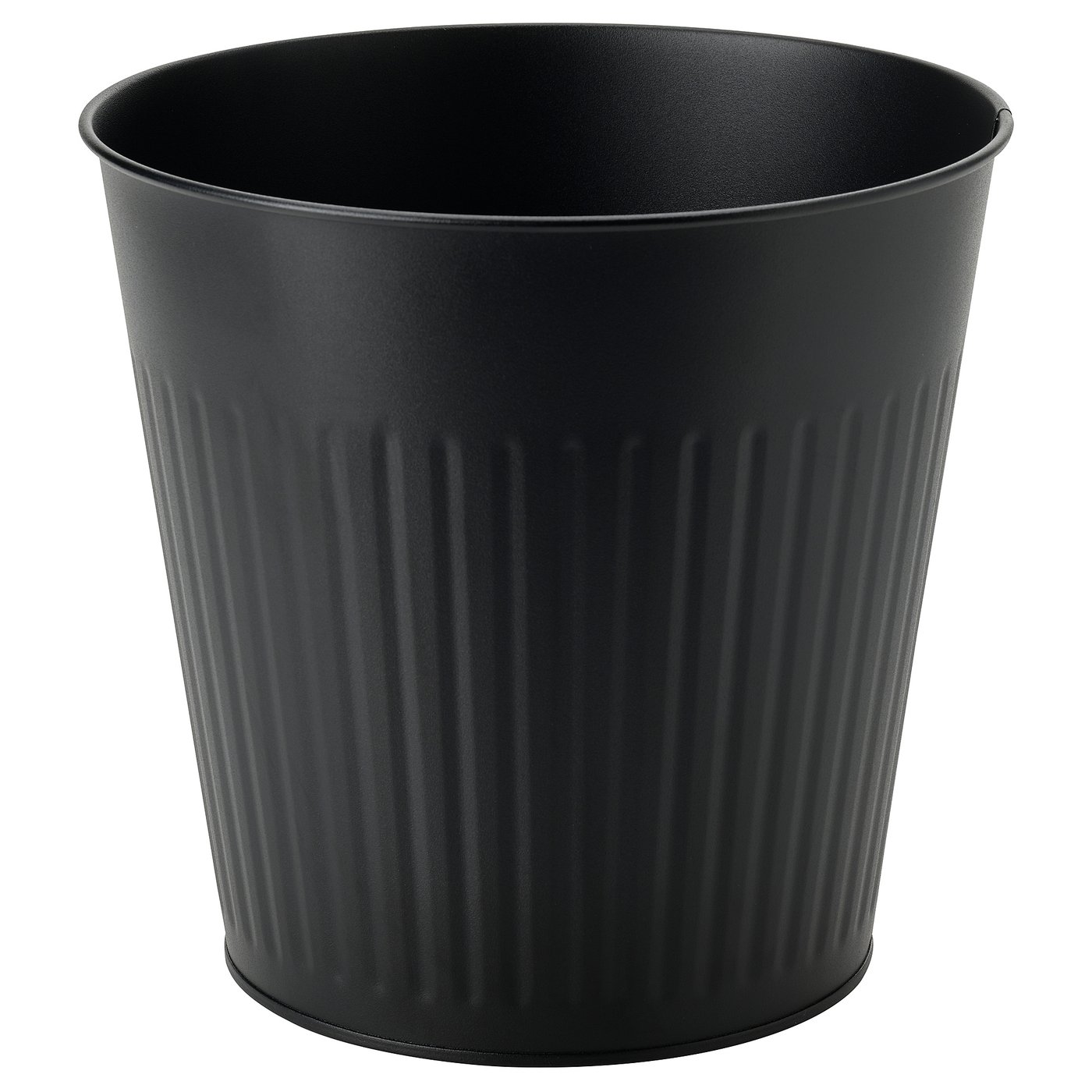 Sort galvaniseret stålplantekasse med lodrette kamme, moderne design til indendørs eller udendørs planter.