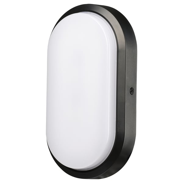 En DÄCKSBÅT væglampe i sort, lavet af polycarbonatplast, med en oval form og glat design, velegnet til udendørs brug.