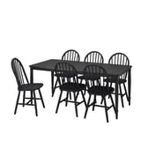 Sort 6-personers spisebordssæt, klassiske træstole, robuste metalbordben, moderne traditionelt design.