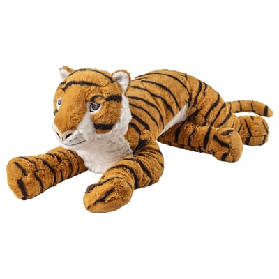 Blødt plys tigerlegetøj, orangebrun med sorte striber, liggende. Lavet af polyester, perfekt til børn.