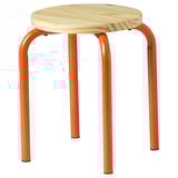Rund ikea skammel med orange metalstel og træsæde, moderne design.