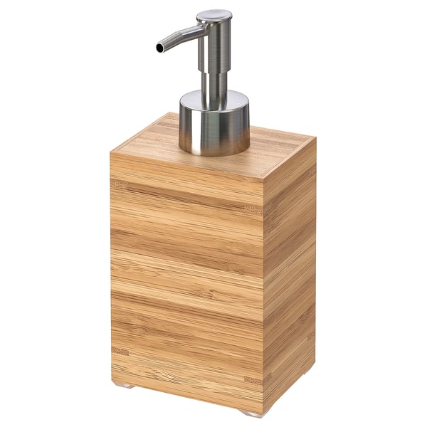 DRAGAN sæbedispenser, bund af bambustræ, pumpe i rustfrit stål, rektangulær blokform, design med naturlige træårer.