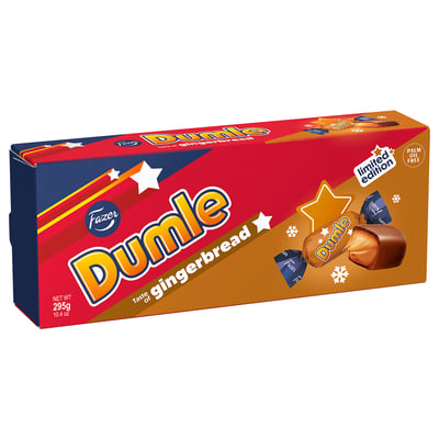 Æske med DUMLE ingefærkagebolsjer, rød og brun pakke med limited edition-etiket.
