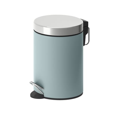 EKOLN blå pedalbeholder, slankt design, rustfri top, glatte kurver, soft-close låg, plastikhåndtag.