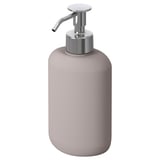En grå EKOLN sæbedispenser. Det er et slankt, afrundet design med en krompumpe. Den er lavet af stentøj og rustfrit stål og passer godt ind i moderne badeværelser.