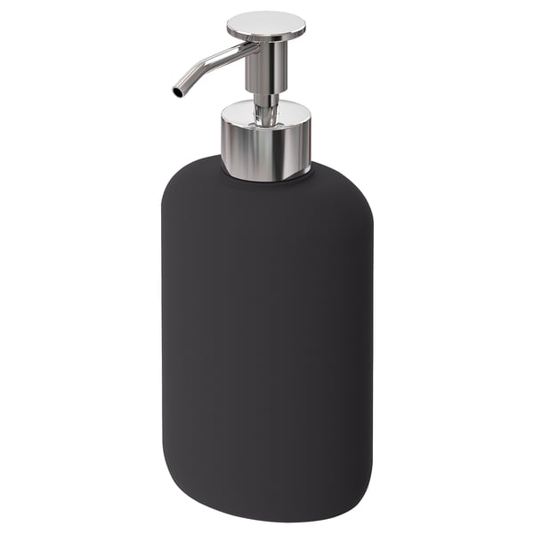 Sort EKOLN sæbedispenser med krompumpe, slankt buet design.