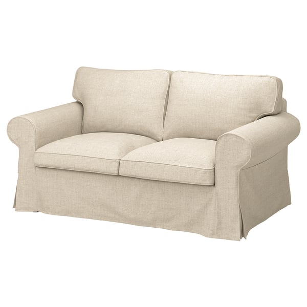 En beige EKTORP to-personers sofa med hynder i et klassisk design og behagelig polstring i slidstærkt genanvendt polyesterstof.