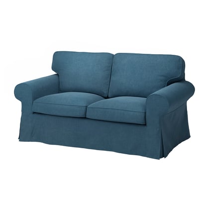 Blå EKTORP loveseat, polstret med chenille, med rullede arme og polstret sæde.