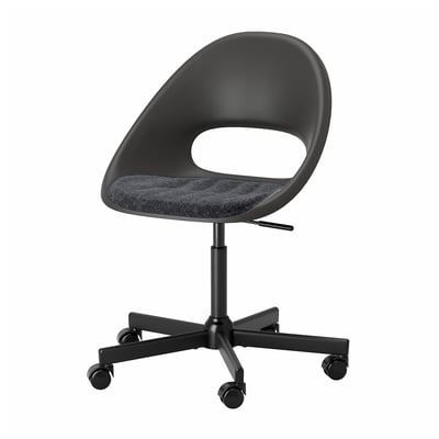 ELDBERGET sort kontorstol, slankt design, justerbar højde, hjul, genbrugsmaterialer.