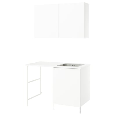 ENHET hvidt vaskeskabssæt med vask, skål i rustfrit stål, fødder i rustfrit stål og vægskab.