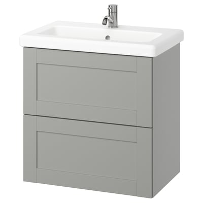 Moderne væghængt badeværelsesforfængelighed, lysegrå, to skuffer, rektangulær håndvask, kromarmatur, slankt design.