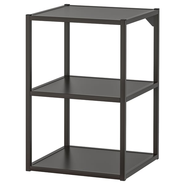 ENHET sort metal opbevaringsmøbel med tre hylder, moderne geometrisk design.