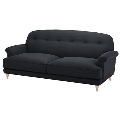 Mørkegrå ESSEBODA sofa, blød og dyb, buede arme, træben, klassisk design.