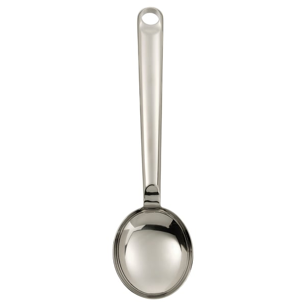 FINMAT ske i rustfrit stål, rund skål, langt håndtag med hul, slankt design.