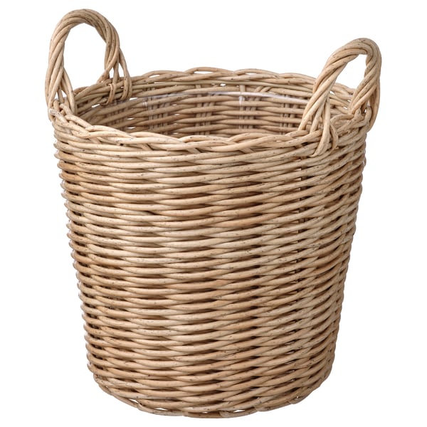 Håndvævet beige fletkurv med håndtag, perfekt til planter eller opbevaring. Holdbar, alsidig og stilfuld.