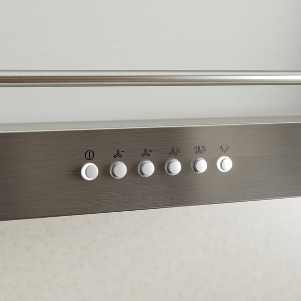 Emhætte i rustfrit stål med touch-knapper og LED-belysning.