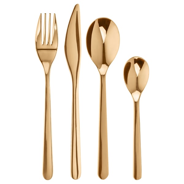 Guldfarvet bestiksæt i rustfrit stål: gaffel, kniv, stor ske, lille ske. Slankt, elegant design til borddækning.