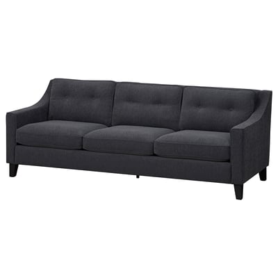Mørkegrå, moderne stofsofa med skrånende armlæn og træben.