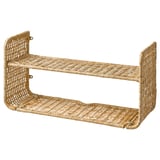 Væghylde i flet, fryksas, beige. Dobbelt lag med åbent design, naturlig rattanvævning.