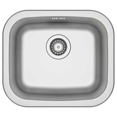 Vask i rustfrit stål, lydabsorberende lag, enkelt håndvask, skinnende kromfinish.