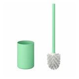 Et mintgrønt GANSJÖN toiletbørste og holdersæt. Børsten har et hvidt håndtag, og holderen er en matchende grøn cylinder.