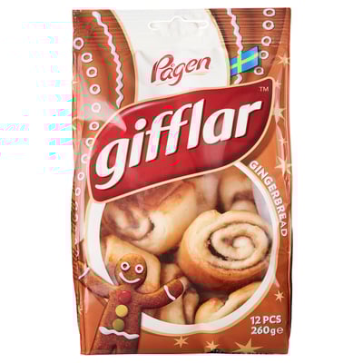 GIFFLAR honningkageemballage, der viser rullede småkager og en honningkagemand, 12 stykker, 260 g.