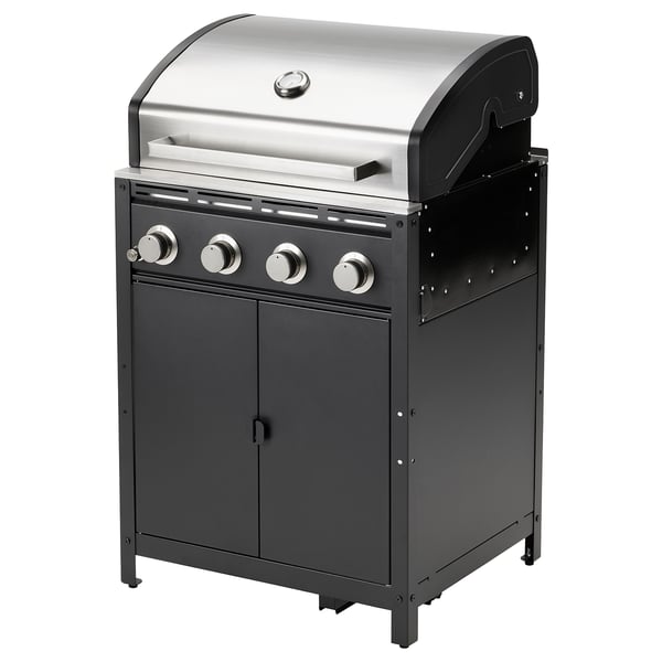 Sølv og sort gasgrill med 4 betjeningsknapper, opbevaringslåger og temperaturmåler.