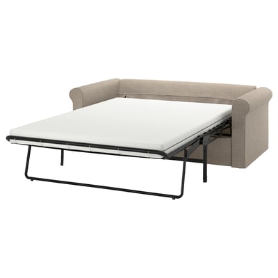 GRÖNLID grå sovesofa med rullede arme, blødt stof, praktisk design.