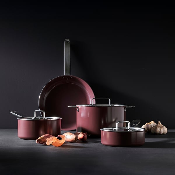GULDÖRING Grydesæt, 7 dele, non-stick rustfrit stål/mørkerød
