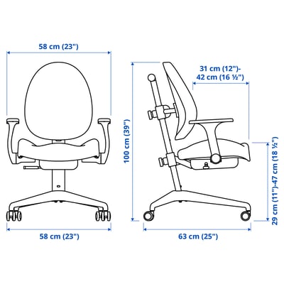 En GUNRIK stol, blågrøn, med hvidt stel, ergonomisk design og justerbar.