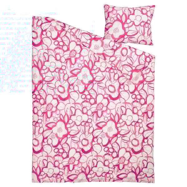 HÄRLIR dynesæt. Klar pink med blomsterdesign. Rektangulær form. Fremstillet af 50% genanvendt bomuld, 50% lyocell.