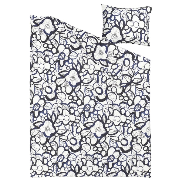 HÄRLIR dynesæt, blå/hvid blomster, bomuld/lyocell, rektangulært, blomsterdesign.