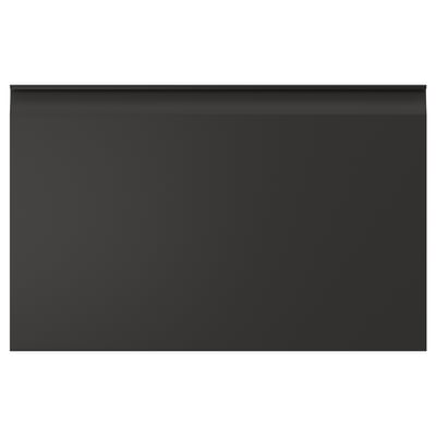 Moderne sort rektangulær opbevaringsenhed med slanke, skrå kanter og minimalistiske, integrerede greb.