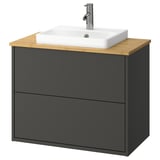 Et gråt og bambus badeværelsesbord med en firkantet hvid vask, moderne design, vægmonteret, med to skuffer.