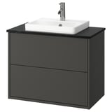 HAVBÄCK gråt vægmonteret vaskeskab, moderne minimalistisk design, mørk finish, keramisk håndvask, kromarmatur.