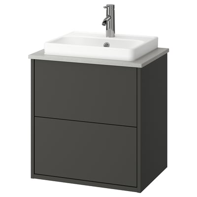 HAVBÄCK mørkegrå badeværelsesvask med en hvid keramisk vask og en kromblanderhane. Den har et elegant og moderne design.