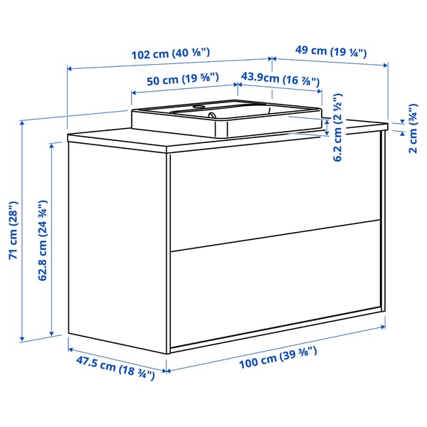 HAVBÄCK / ORRSJÖN Skab til vask m skuffer/vask, beige/hvid marmormønstret, 102x49x71 cm