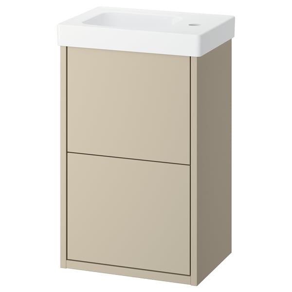 HAVBÄCK beige vægmonteret badeværelsesskab med hvid vask, enkelt design.