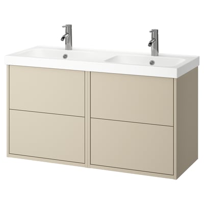 Dobbelt beige vaskebord, moderne design, to døre, to håndvaske, kromhaner.