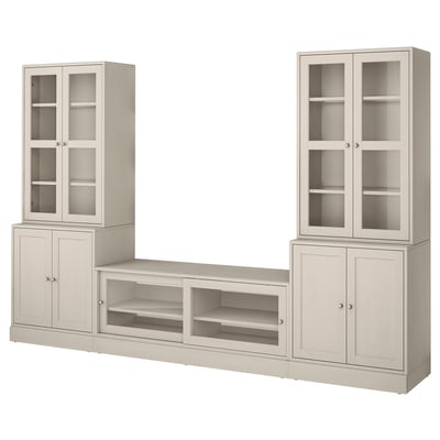 Beige HAVSTA tv-enhed: glasdøre, fyrretræ, skandinavisk rustikt design.