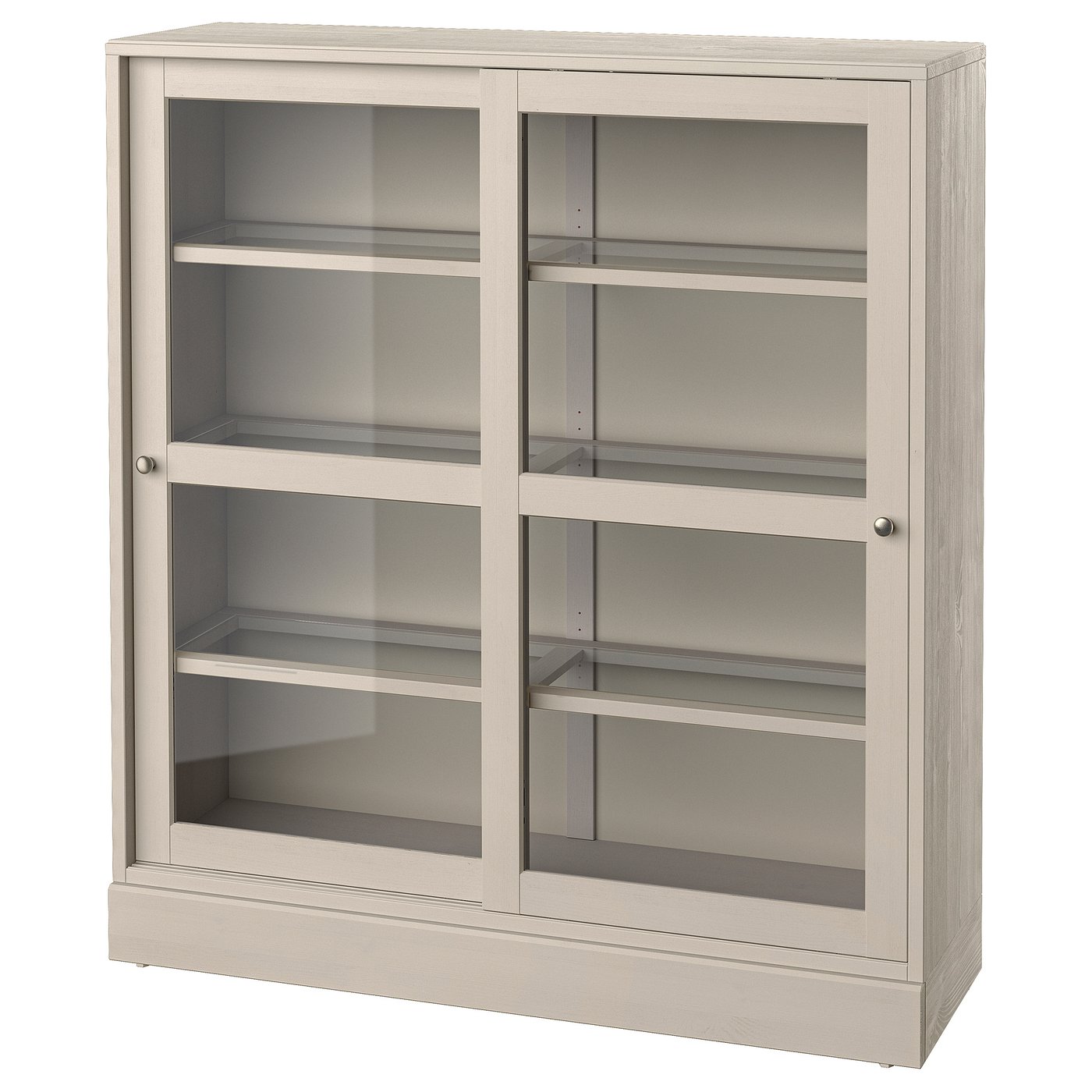 Møbelmontering HAVSTA Vitrineskab med sokkel, gråbeige/klart glas, 121x37x134 cm