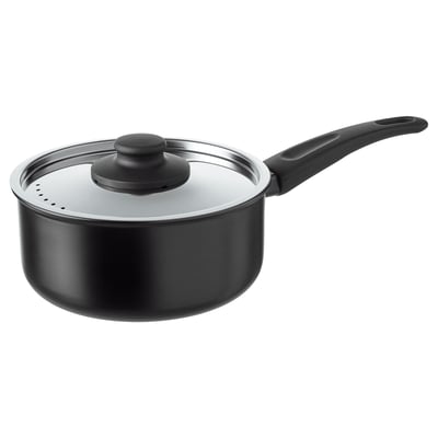 Sort HEMLAGAD gryde med låg; robust håndtag, jævn varmefordeling; Velegnet til alle kogeplader.